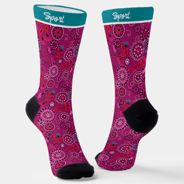 Ethnic folk abstract floral pattern retro crimson  socks (Angled)