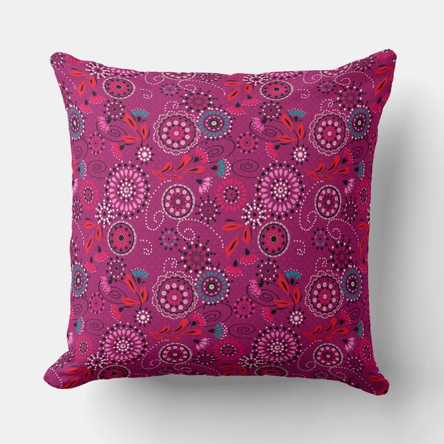 Ethnic folk abstract floral pattern retro crimson  throw pillow (Front)