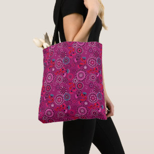 Ethnic folk abstract floral pattern retro crimson tote bag