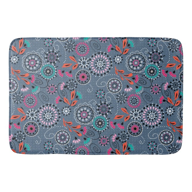 Ethnic folk abstract floral pattern retro grey blu bath mat (Front)