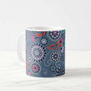 Ethnic folk abstract floral pattern retro grey blu coffee mug