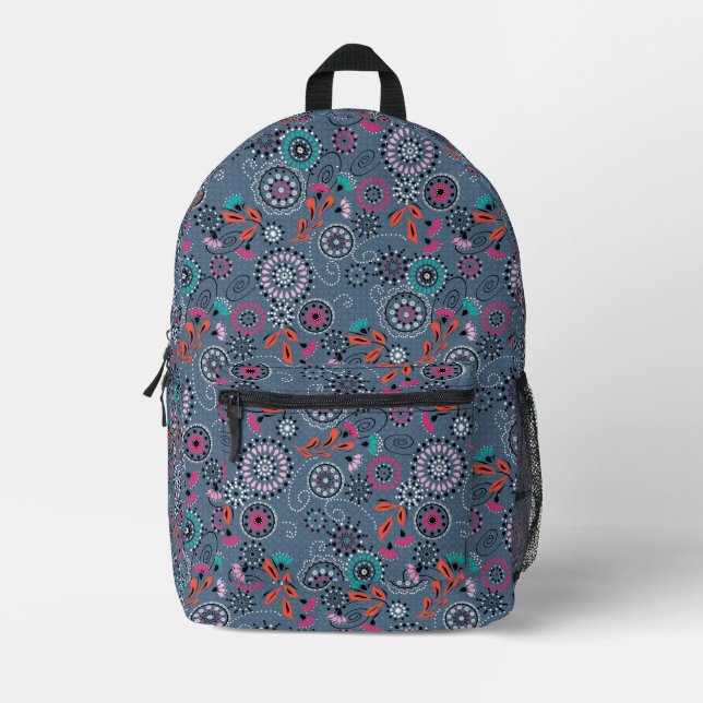 Ethnic folk abstract floral pattern retro grey blu printed backpack (Front)