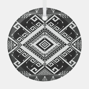 Ethnic geometric Indian border, abstract. Glass Ornament