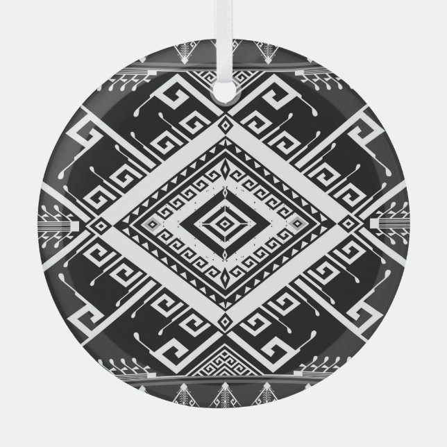 Ethnic geometric Indian border, abstract. Glass Ornament (Front)