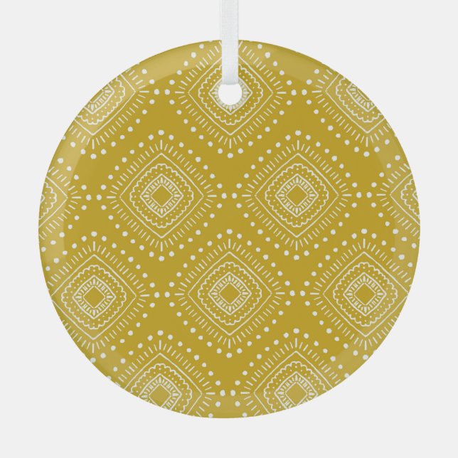 Ethnic geometric pattern: golden yellow, white glass ornament (Front)