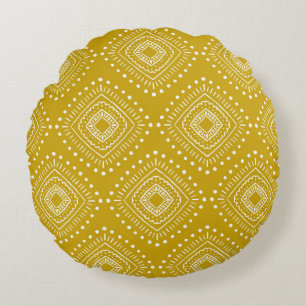 Ethnic geometric pattern: golden yellow, white round pillow