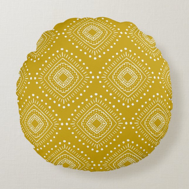 Ethnic geometric pattern: golden yellow, white round pillow (Front)