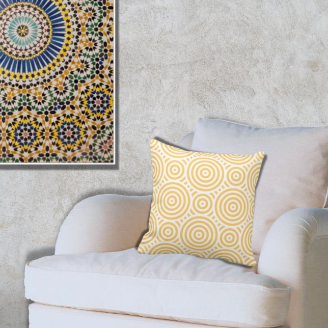 Ethnic Geometric Yellow & White Nested Circle Throw Pillow (Creator Uploaded)