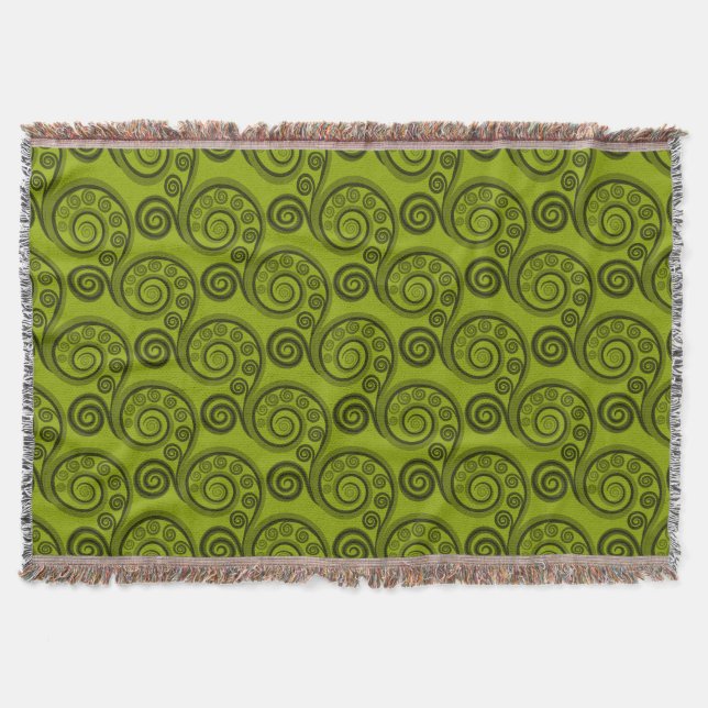Ethnic Green Fern Frond Swirl Throw Blanket (Front)