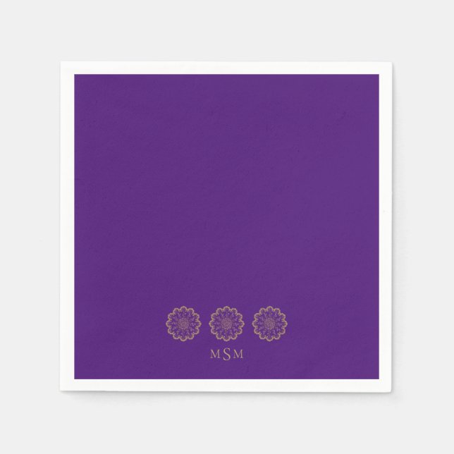 Ethnic Hindu Purple & Gold Monogram Cocktail Napkin (Front)