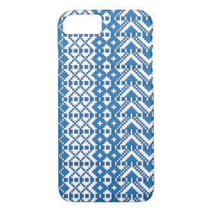 Ethnic Latvian blue and white folk art pattern Case-Mate iPhone Case