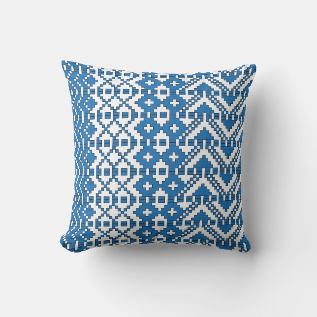 Ethnic Latvian blue and white folk art pattern Throw Pillow (Front)
