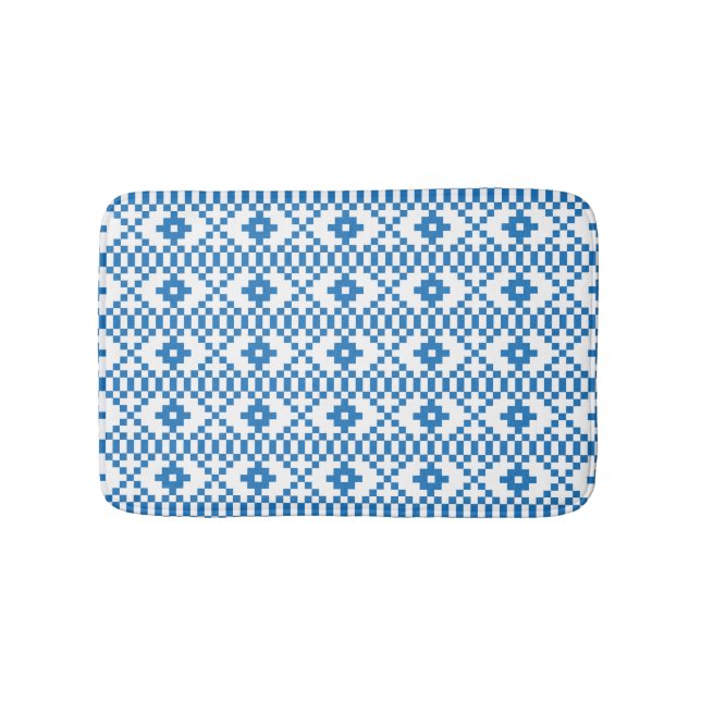 Ethnic Latvian blue and white tribal folk art Bath Mat (Front)