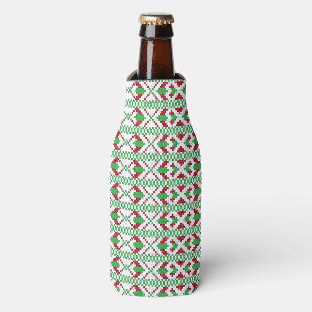 Ethnic Latvian green and red tribal folk art Bottle Cooler (Bottle Front)