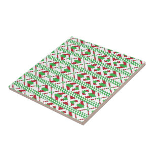 Ethnic Latvian green and red tribal folk art Tile
