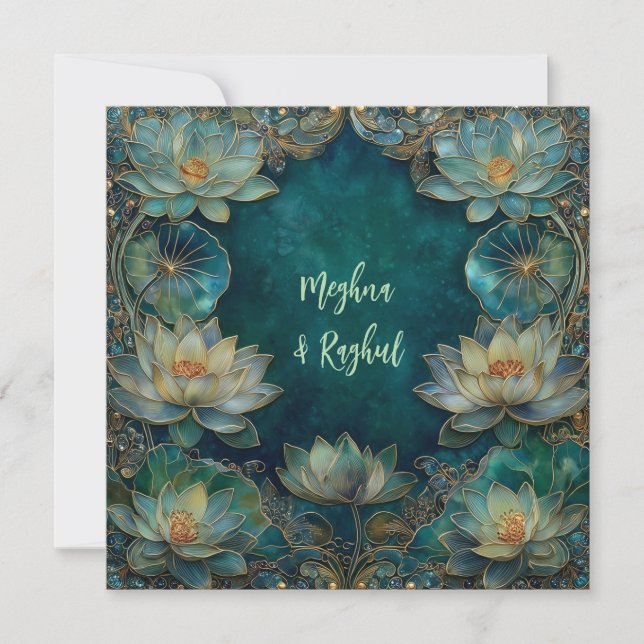 Ethnic Lotus Green Gold Indian Wedding Invitation (Front)
