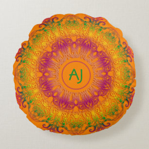 Ethnic Mandala Monogram.Orange background. Round P Pillow