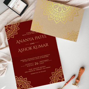 Ethnic Mandala Red Indian Wedding Gold Foil Card