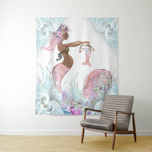 Ethnic Mermaid Mom Baby Shower Backdrop Banners Tapestry (In Situ)