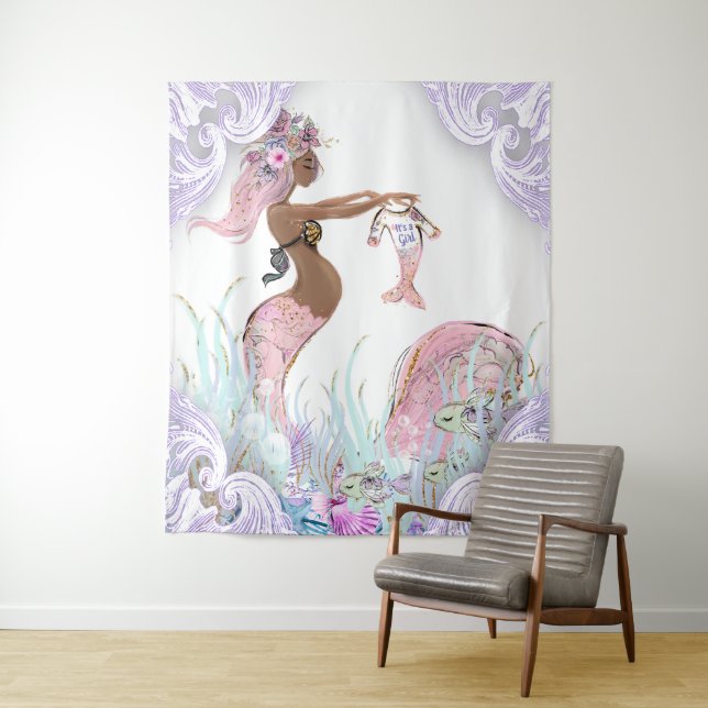 Ethnic Mermaid Mom Baby Shower Banner Backdrop Tapestry (In Situ)