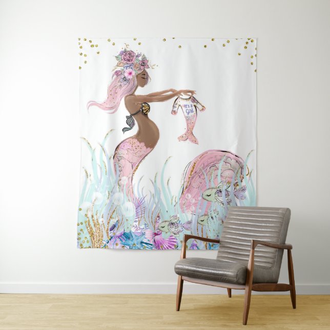 Ethnic Mermaid Mom Baby Shower Banner Backrop Tapestry (In Situ)