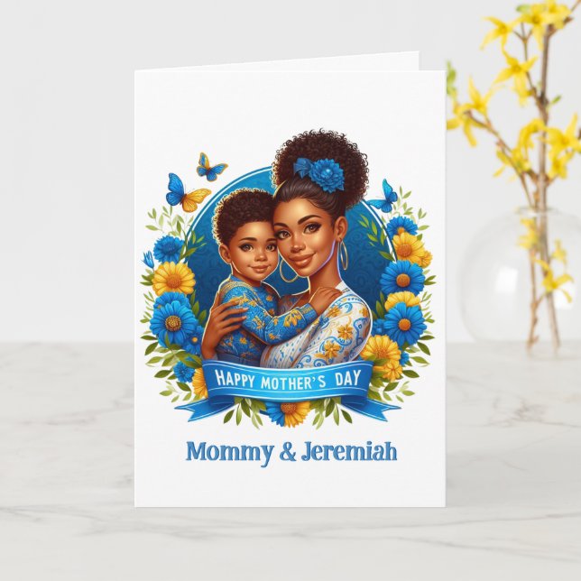 Ethnic Mom & Son Blue/Yellow Happy Mother's Day Card (Yellow Flower)
