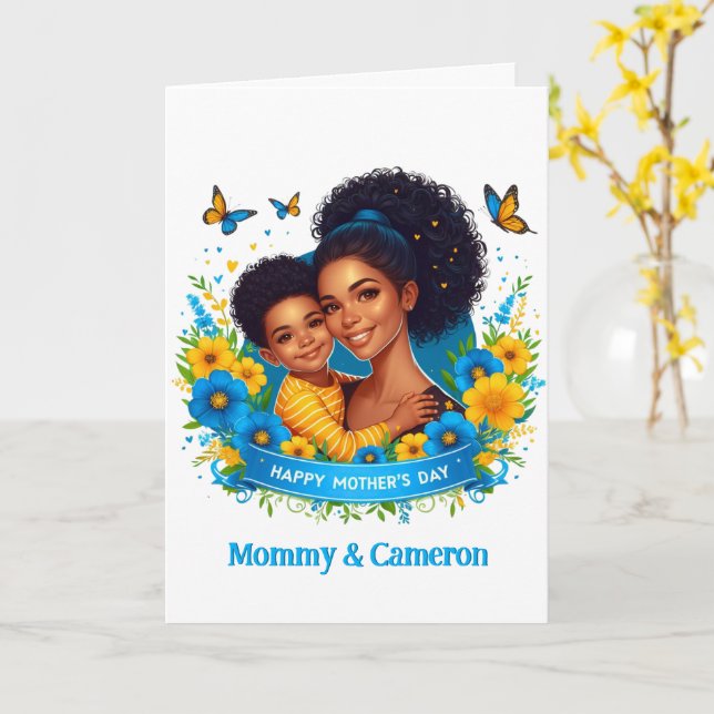 Ethnic Mom & Son Blue/Yellow Happy Mother's Day Card (Yellow Flower)