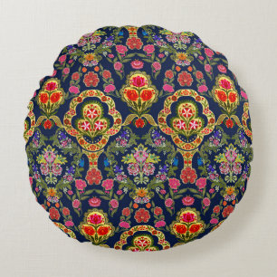 Ethnic Mughal Floral: Blue Seamless Pattern Round Pillow
