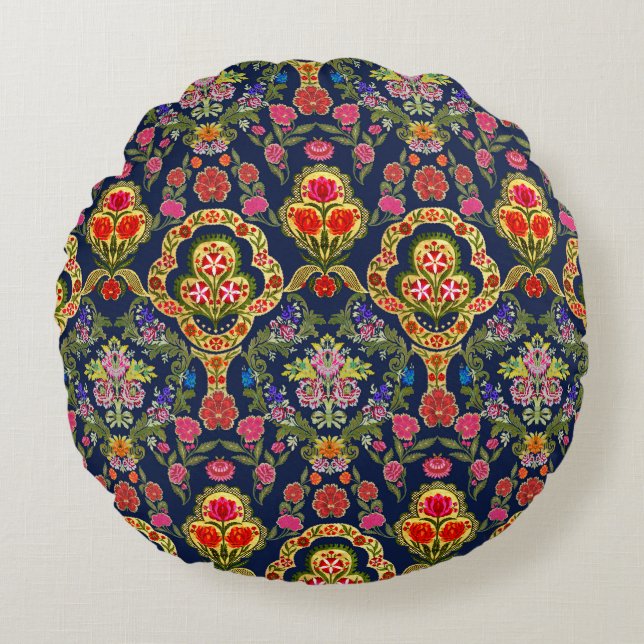 Ethnic Mughal Floral: Blue Seamless Pattern Round Pillow (Front)