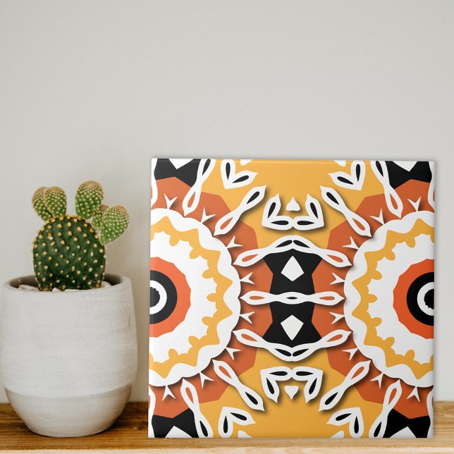 Ethnic Orange Black & White Damask Mosaic Pattern Tile (Creator Uploaded)