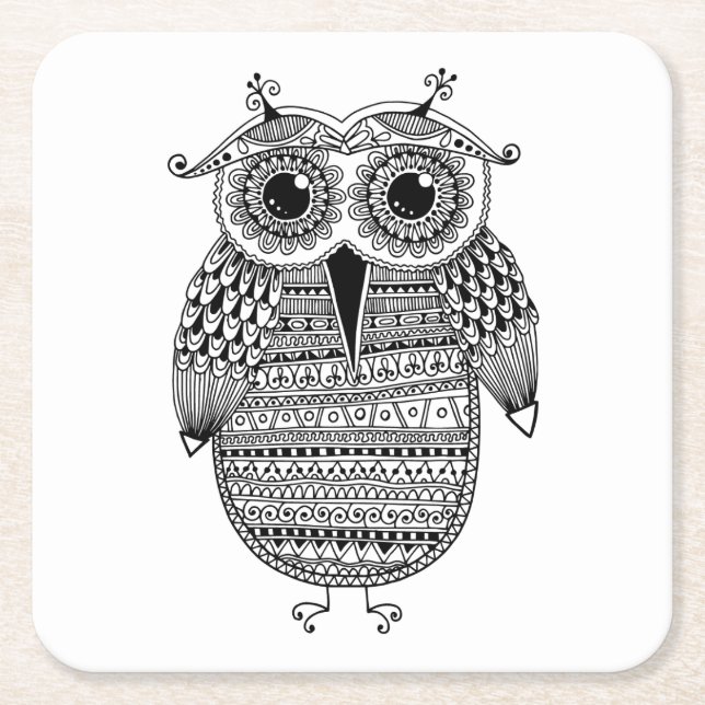 Ethnic Owl Ink Drawing Square Paper Coaster (Front)