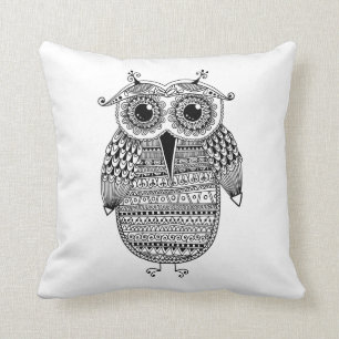 Ethnic Owl Ink Drawing Throw Pillow