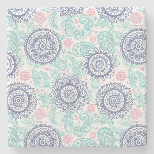 Ethnic Paisley Pattern Stone Coaster (Front)