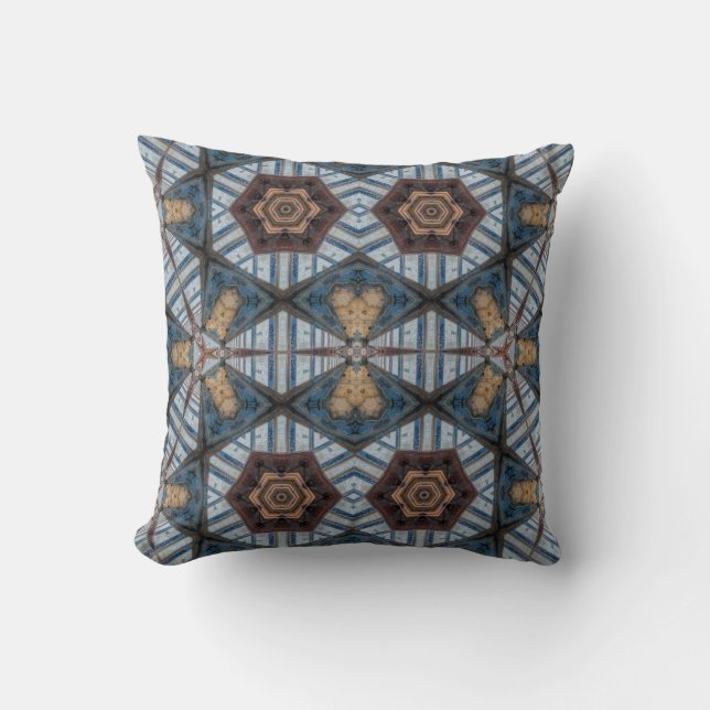 Ethnic Pattern Shades of Blue Tan Brown Throw Pillow (Front)