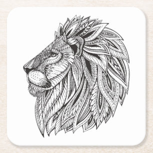 Ethnic Patterned Lion Head Square Paper Coaster