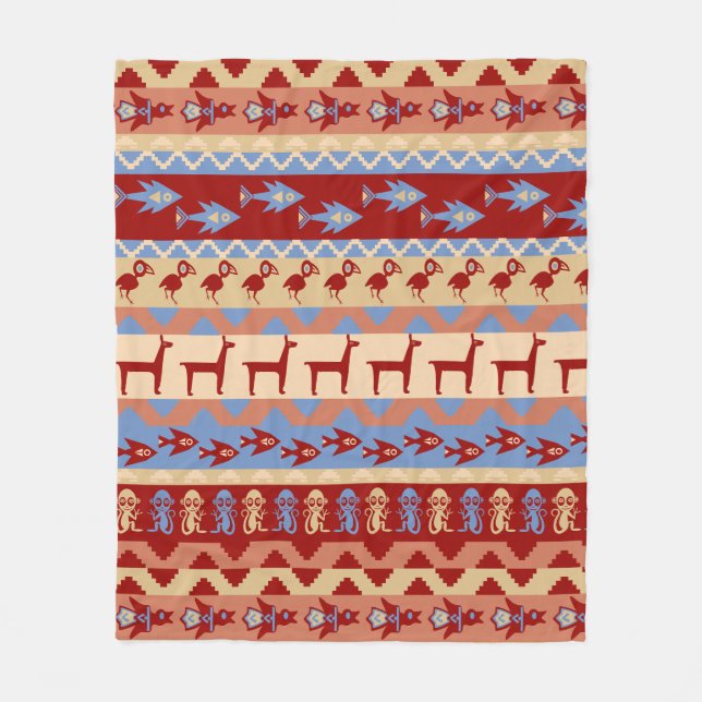 Ethnic Peruvian Inca Animals Llamas Fish and Birds Fleece Blanket (Front)