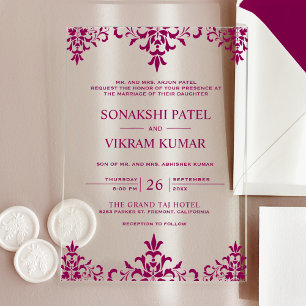 Ethnic Pink Damask Indian Wedding Acrylic Invitations