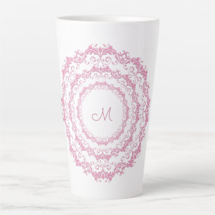 Ethnic Pink Floral Mandala, Monogram. Latte Mug