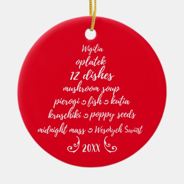 Ethnic Polish Christmas Tree Wigilia Red White Ceramic Ornament (Front)
