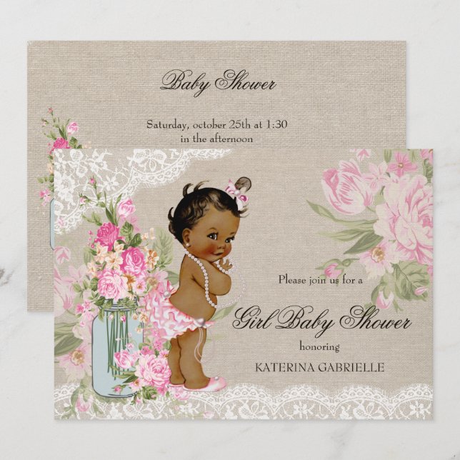 Ethnic Pretty Shabby Chic Lace Floral Baby Shower Invitation (Front/Back)