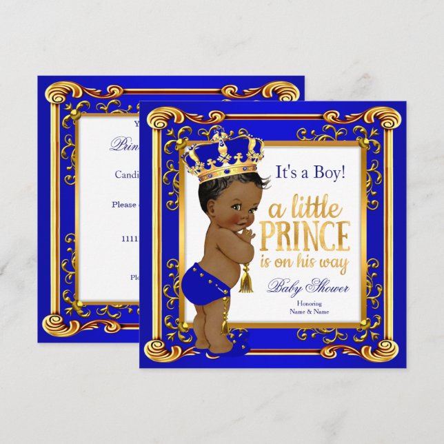 Ethnic Prince Baby Shower Blue Gold Crown Invitation (Front/Back)