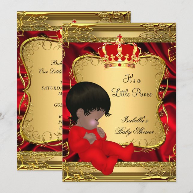 Ethnic Prince Boy Baby Shower Red Ornate Gold Invitation (Front/Back)