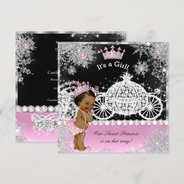 Ethnic Princess Baby Shower Carriage Pink Black Invitation (Front/Back)