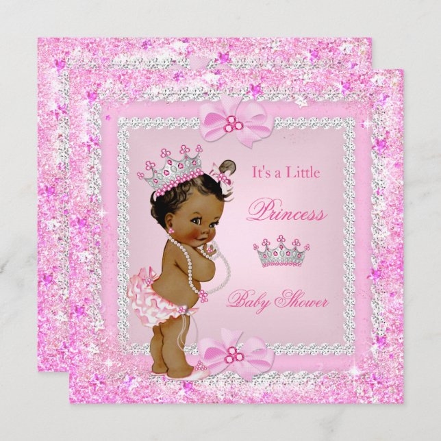 Ethnic Princess Baby Shower Pink Glitter Tiara Invitation (Front/Back)