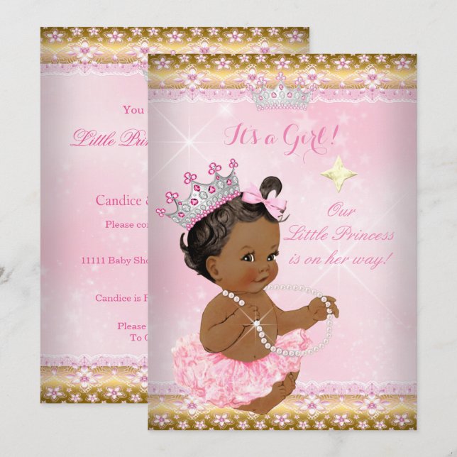Ethnic Princess Baby Shower Pink Tutu Gold Tiara A Invitation (Front/Back)