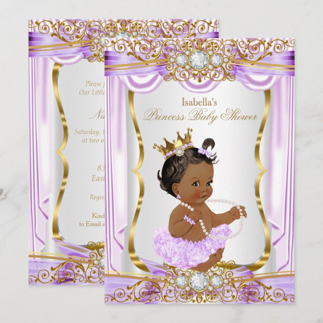 Ethnic Princess Baby Shower Purple Silk Gold Invitation (Front/Back)