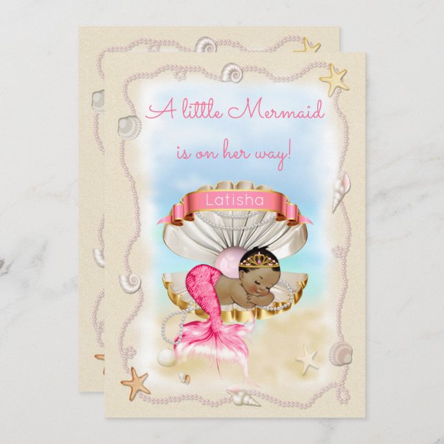 Ethnic Princess Mermaid Name on Clam Shell Invitation (Front/Back)