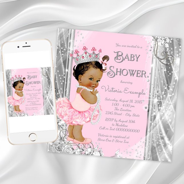 Ethnic Princess Tutu Pink Silver Baby Shower Invitation (Pink silver princess baby shower invitation. Instant download and printed invitations available.)