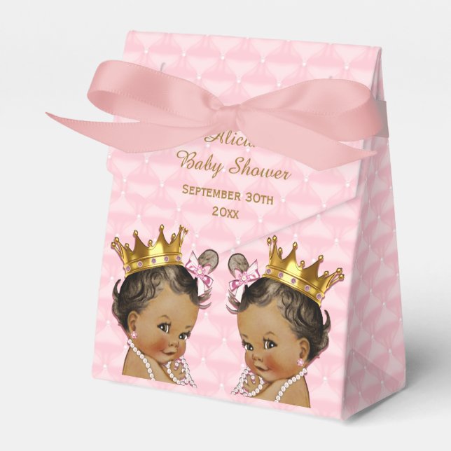 Ethnic Princess Twins Quilted Pink Baby Shower Favor Box (Front Side)