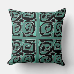 Ethnic Roses Black White Teal Green Throw Pillow